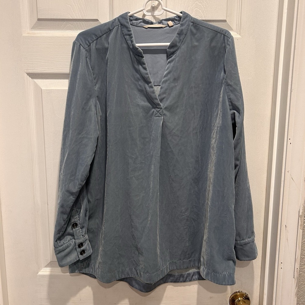 Soft Surroundings Blue Velvet Tunic Top Split V-Neck Long Sleeve Womens L Boho
